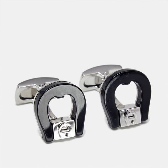 Aigner Logo Ceramic Silver Tone Cufflinks